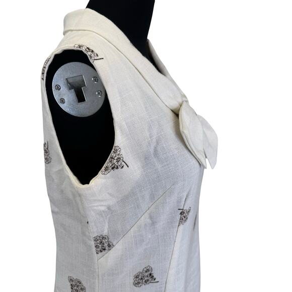 Vintage 1970s Linen Bow Collar Dress with Brown Floral Print – Size M - Picture 11 of 16